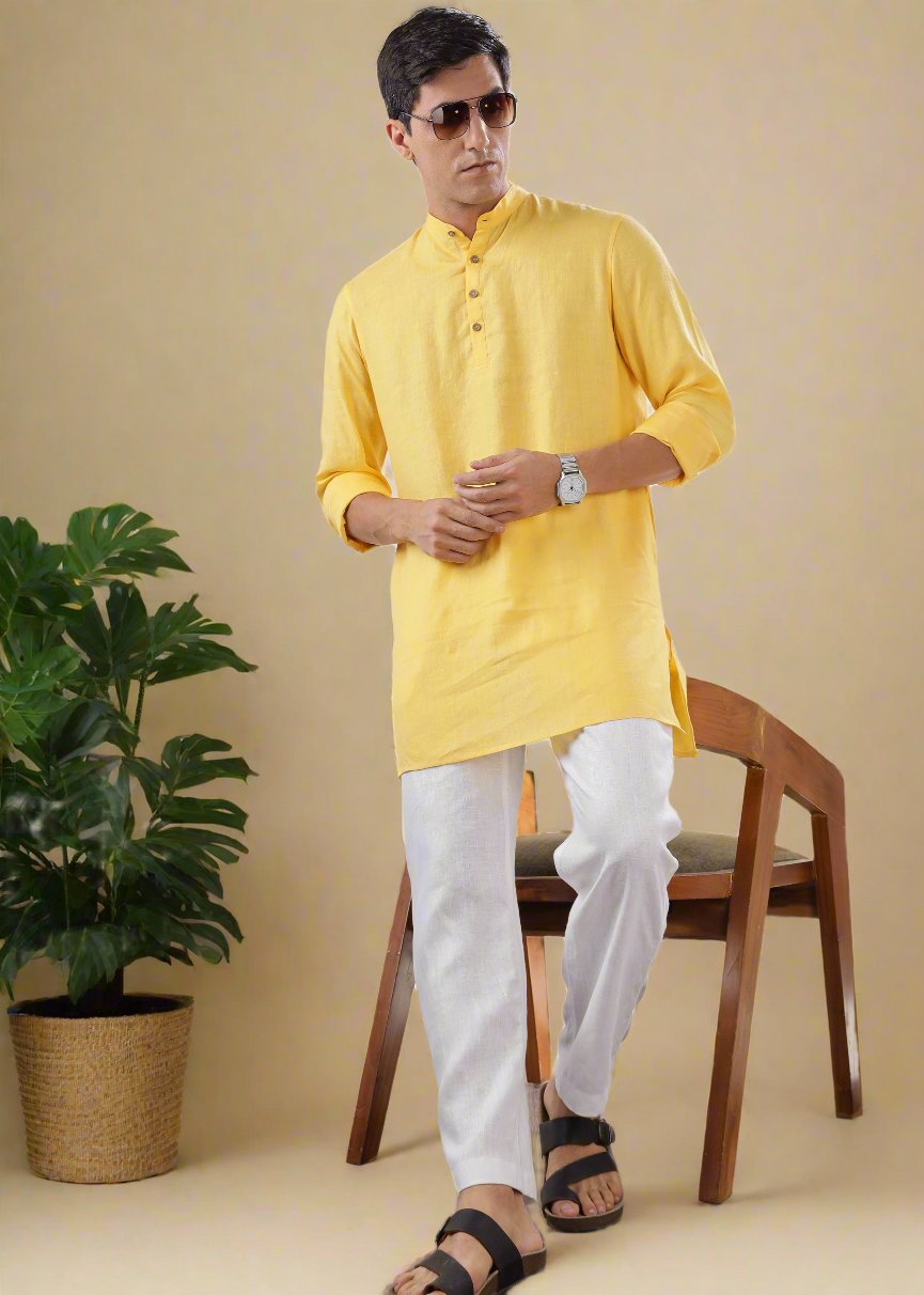 Parker - Full Sleeve Mandarin Collar Pure Linen Short Kurta - Citrus Yellow