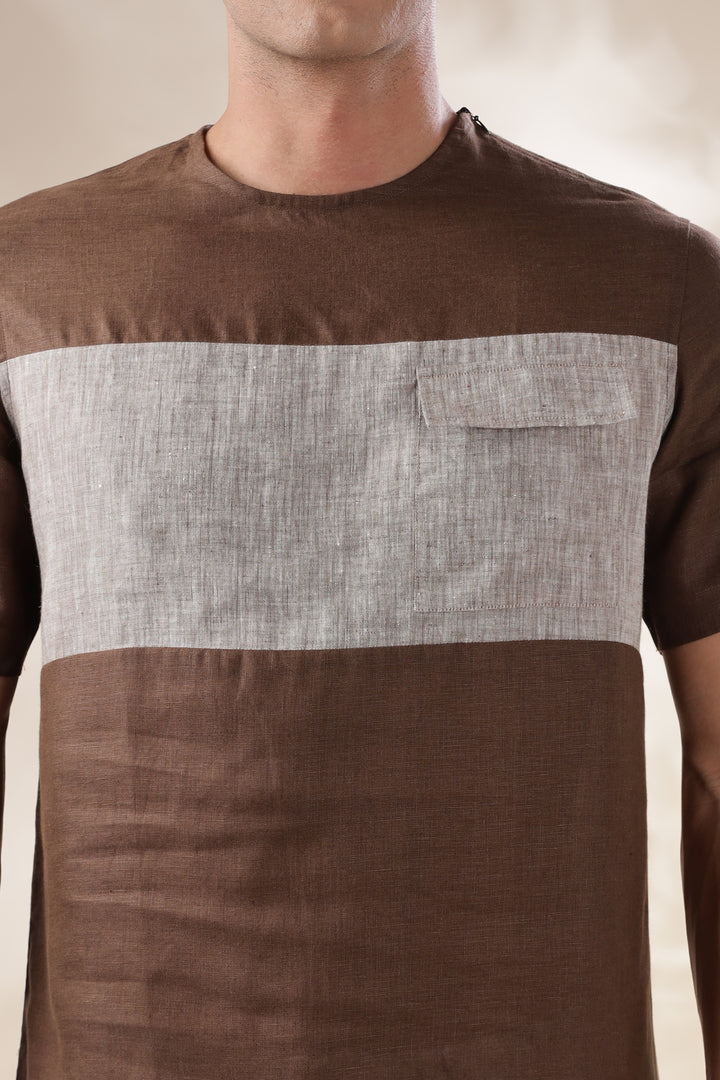 Zach - Double Colour Block Linen Short Sleeve T-Shirt - Coffee Brown & Brown Chambray