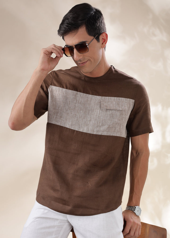 Zach - Double Colour Block Linen Short Sleeve T-Shirt - Coffee Brown & Brown Chambray