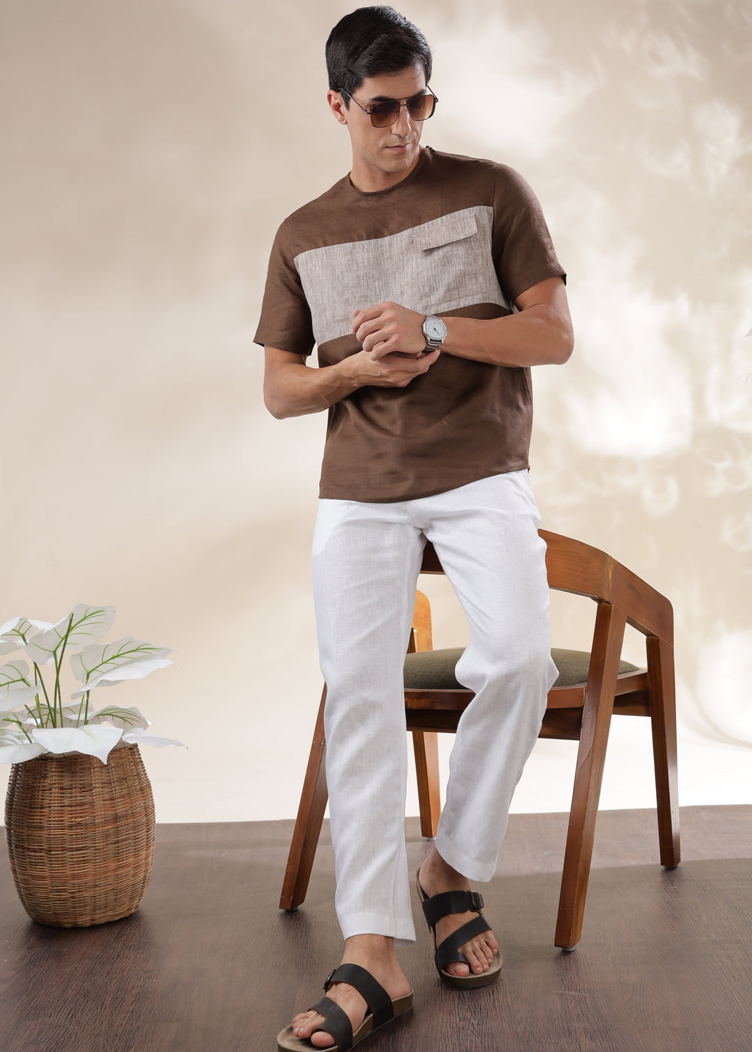 Zach - Double Colour Block Linen Short Sleeve T-Shirt - Coffee Brown & Brown Chambray