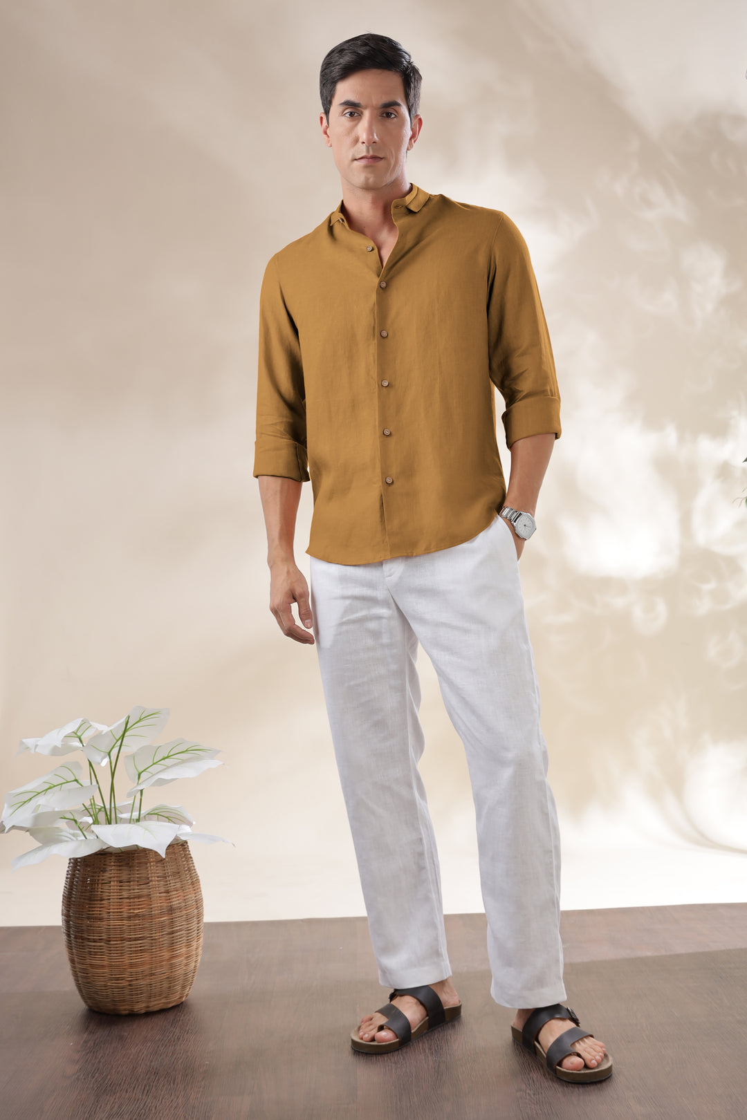 Kael - Pure Linen Stylized Mandarin Collar Full Sleeve Shirt - Mustard Brown