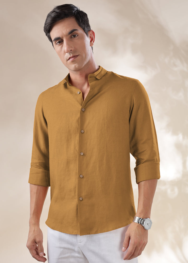 Kael - Pure Linen Stylized Mandarin Collar Full Sleeve Shirt - Mustard Brown