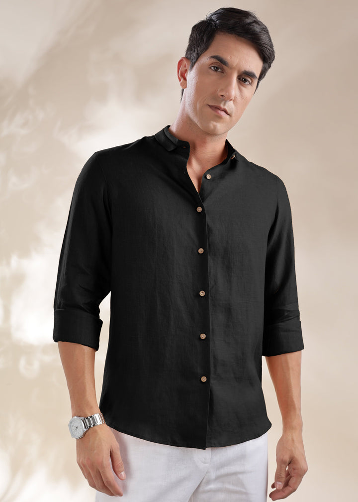 Kael - Pure Linen Stylized Mandarin Collar Full Sleeve Shirt - Black