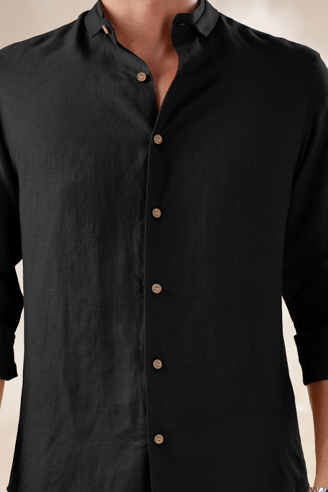 Kael - Pure Linen Stylized Mandarin Collar Full Sleeve Shirt - Black