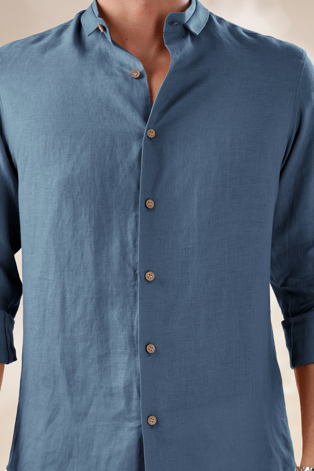 Kael - Pure Linen Stylized Mandarin Collar Full Sleeve Shirt - Blue Grey