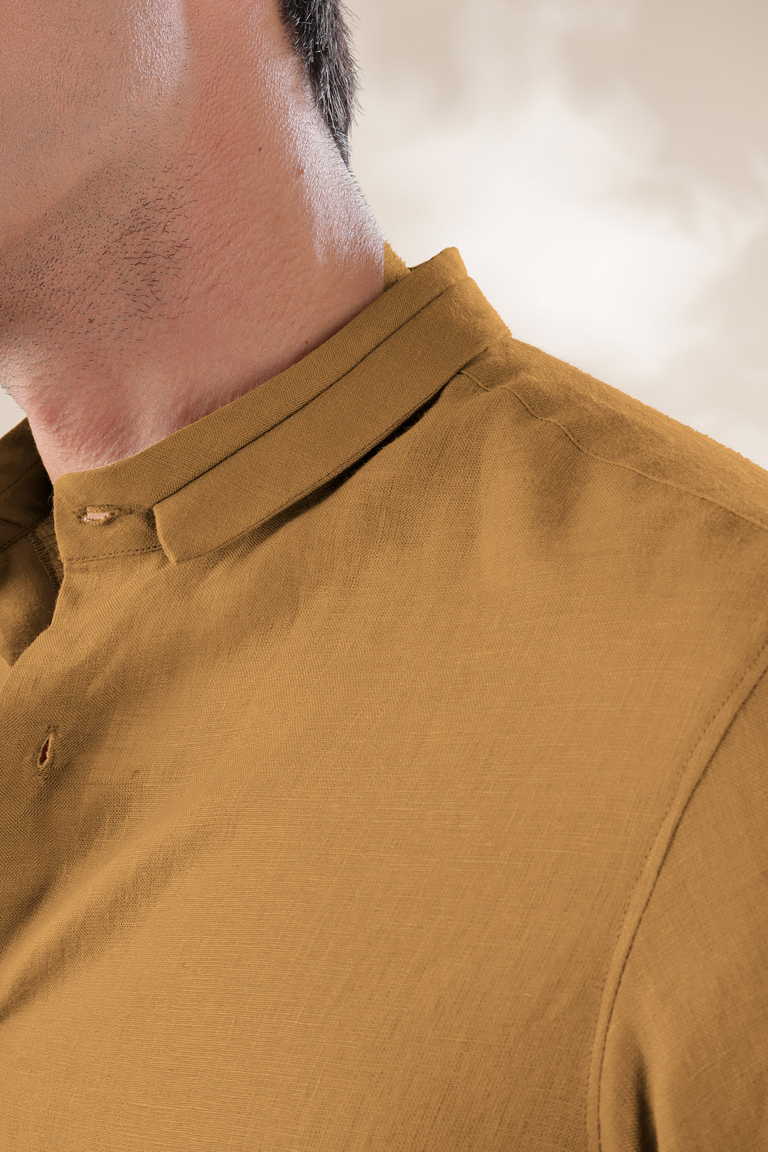 Kael - Pure Linen Stylized Mandarin Collar Full Sleeve Shirt - Mustard Brown