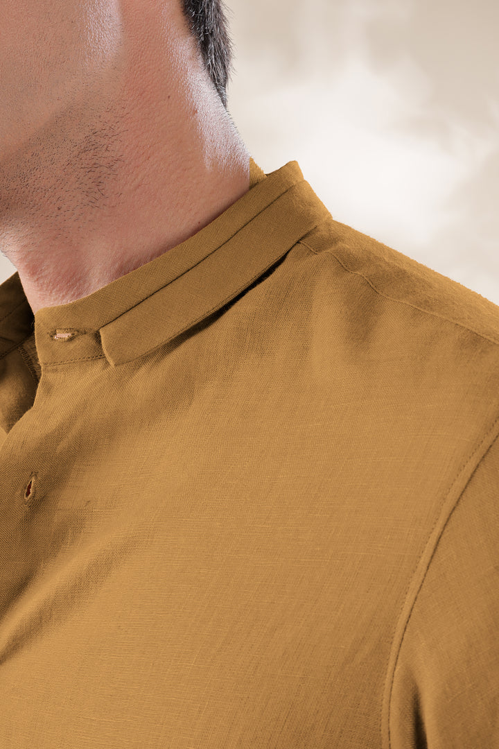 Kael - Pure Linen Stylized Mandarin Collar Full Sleeve Shirt - Mustard Brown