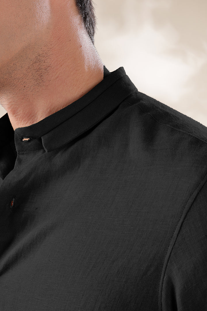 Kael - Pure Linen Stylized Mandarin Collar Full Sleeve Shirt - Black