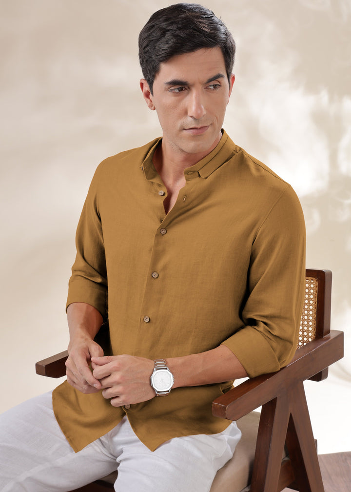 Kael - Pure Linen Stylized Mandarin Collar Full Sleeve Shirt - Mustard Brown