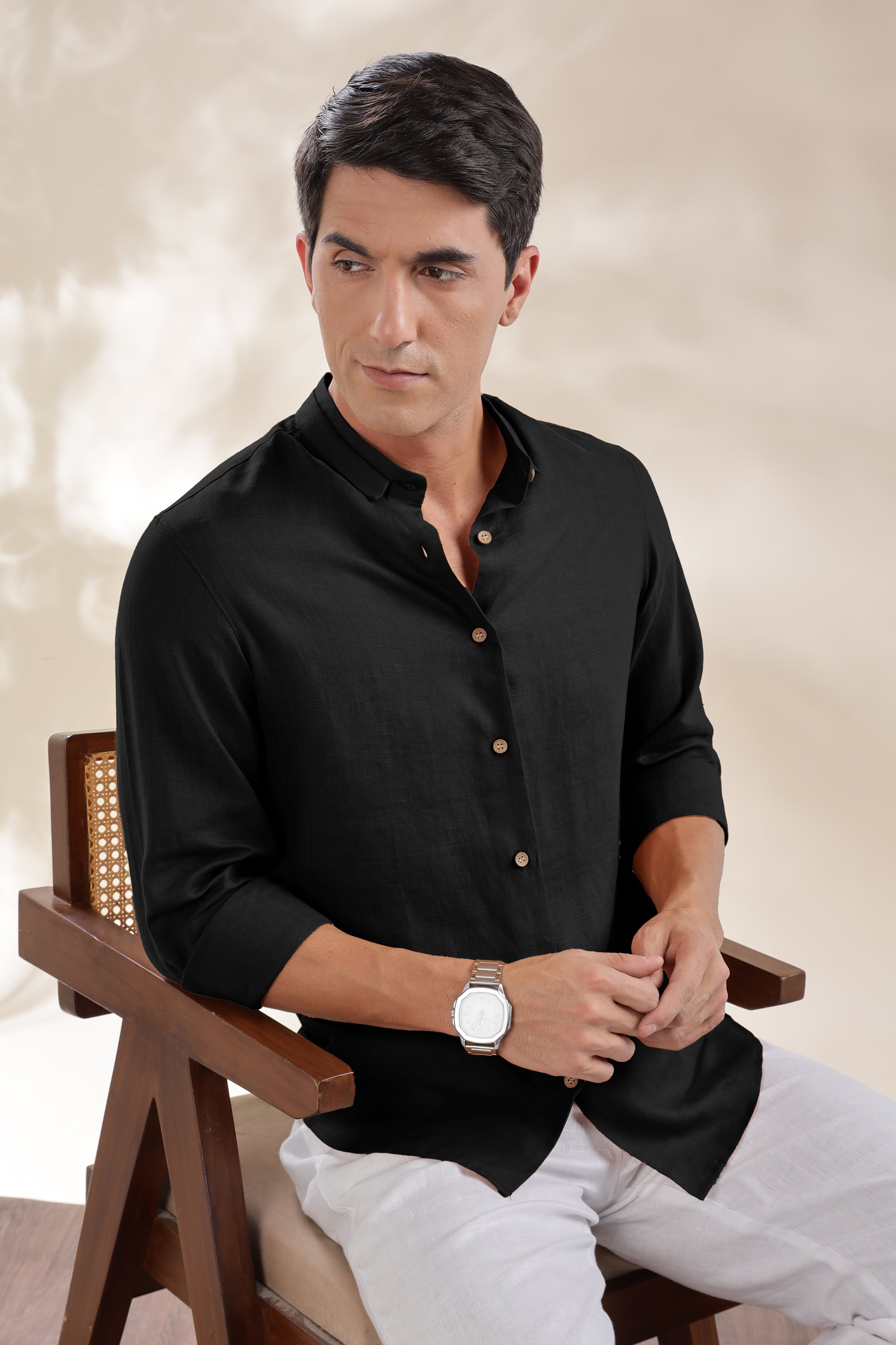 Black Pure Linen Stylized Collar Half Sleeve Shirt – Linen Trail
