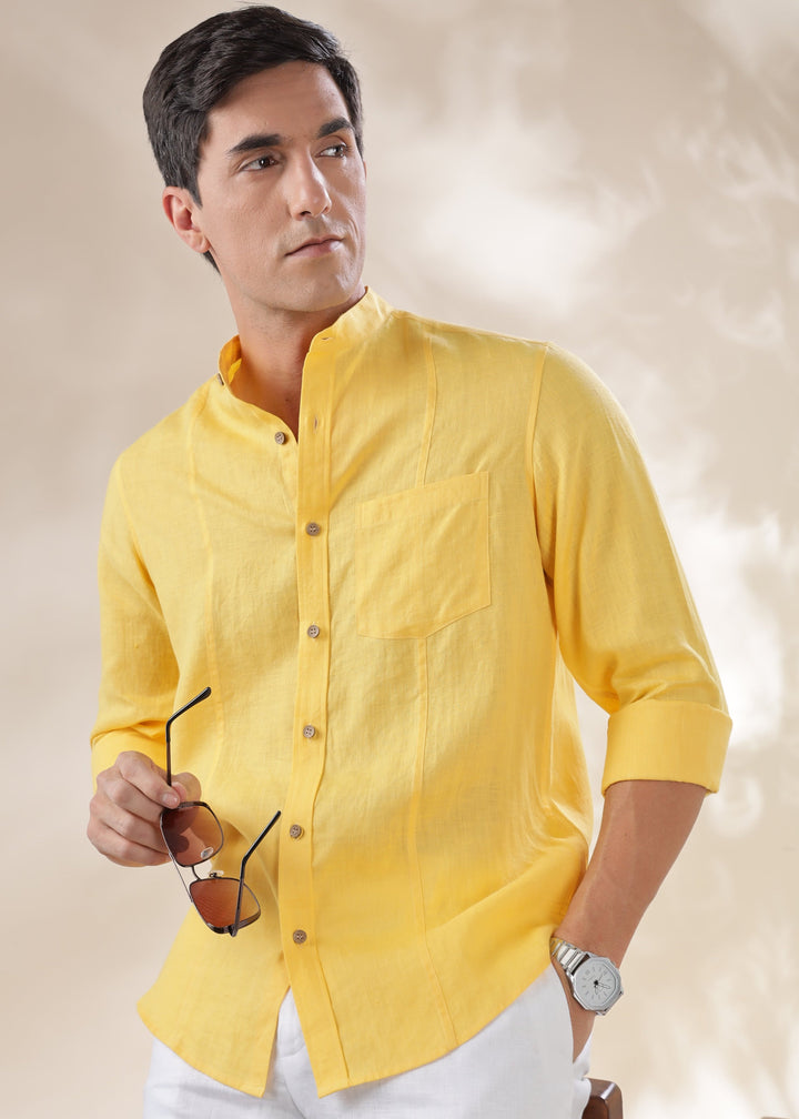 Trevor - Pure Linen Mandarin Collar Full Sleeve Shirt - Citrus Yellow