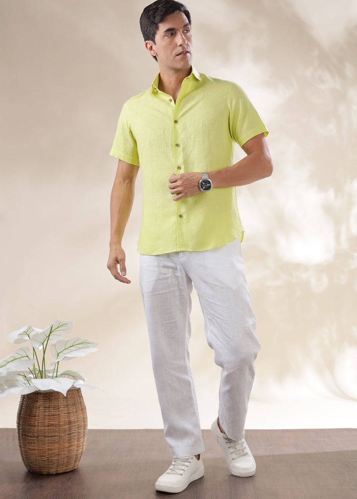 Monarc - Pure Linen Spread Collar Half Sleeve Shirt - Lime Green