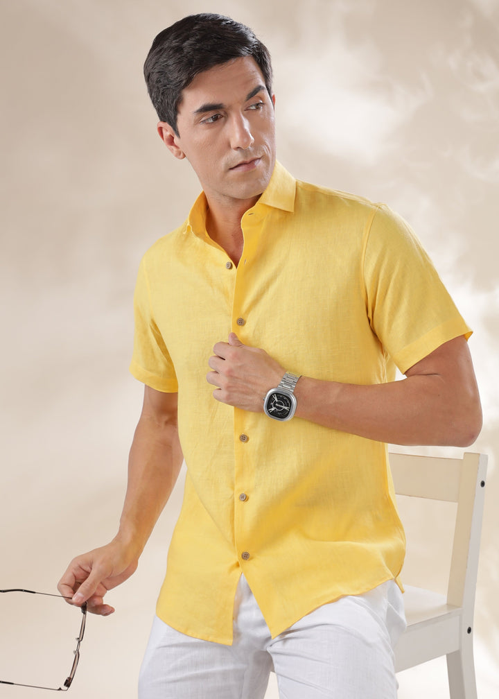 Monarc - Pure Linen Spread Collar Half Sleeve Shirt - Citrus Yellow