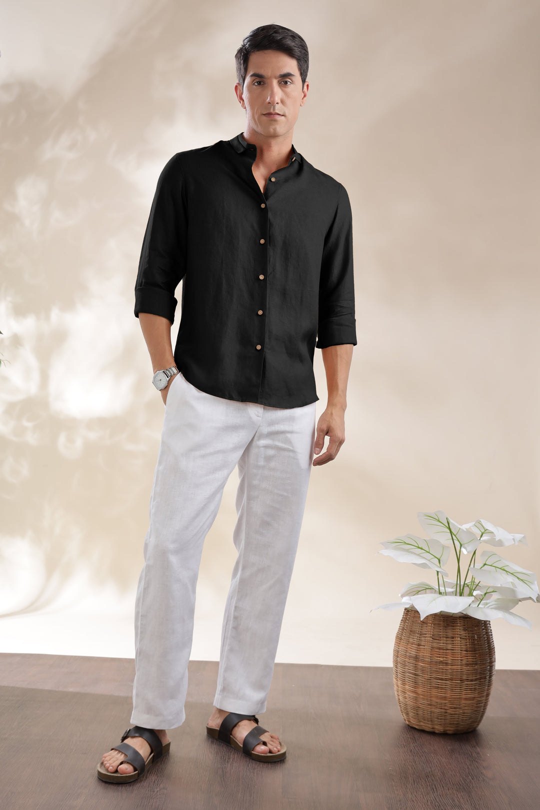 Kael - Pure Linen Stylized Mandarin Collar Full Sleeve Shirt - Black