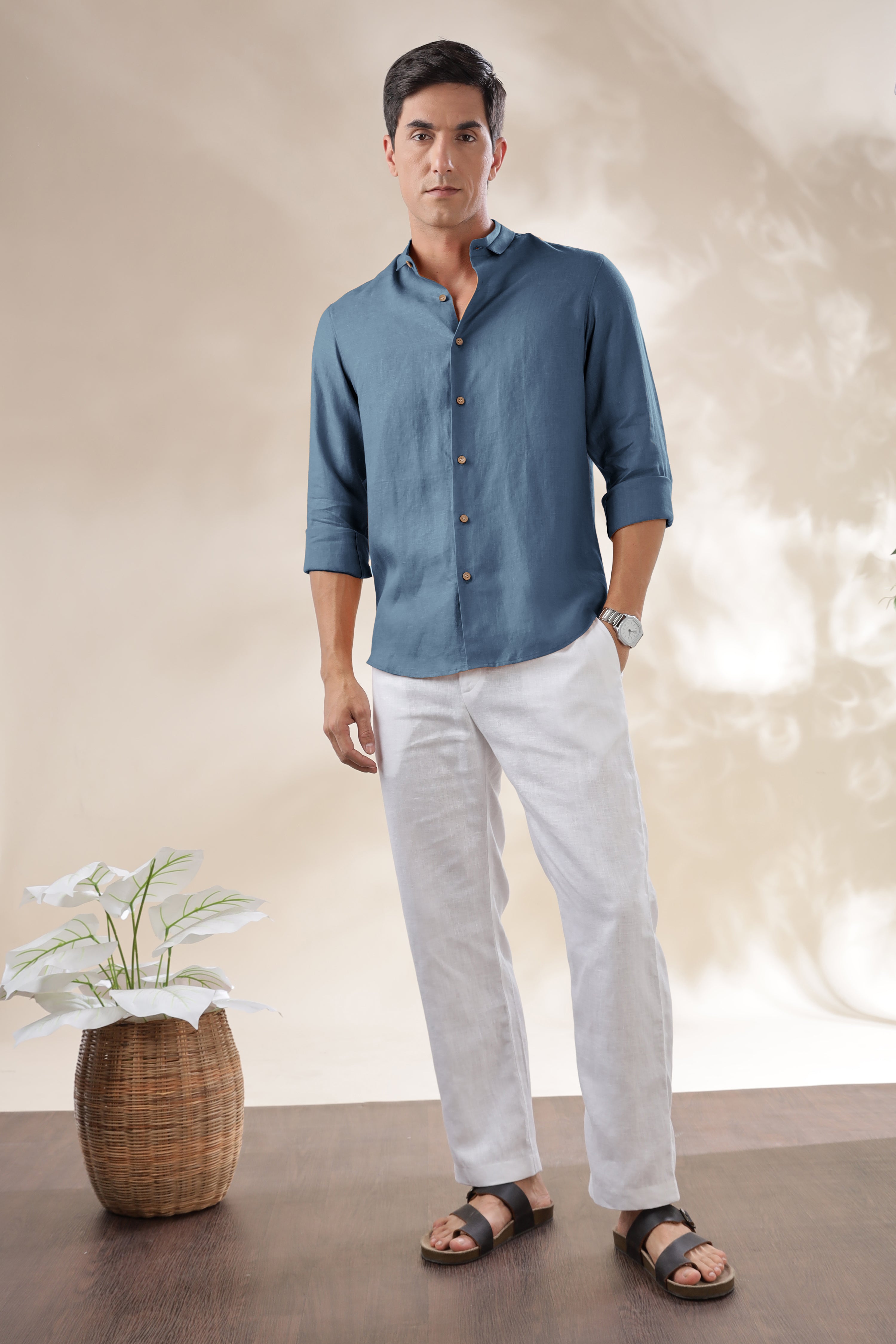 Blue Grey Pure Linen Stylized Collar Half Sleeve Shirt – Linen Trail