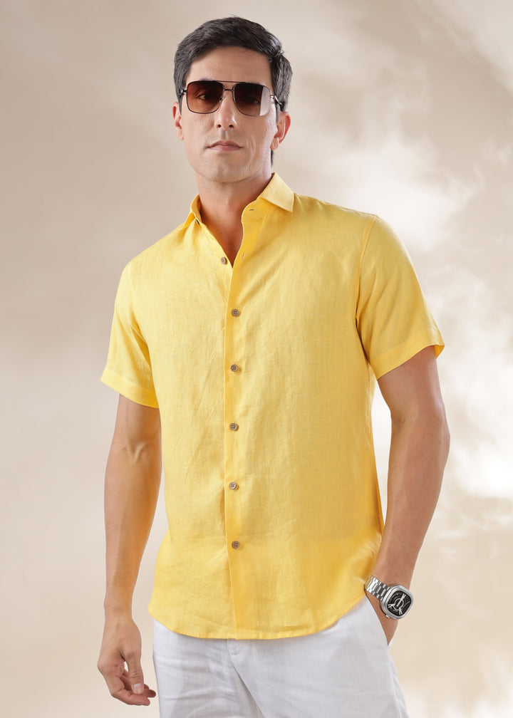 Monarc - Pure Linen Spread Collar Half Sleeve Shirt - Citrus Yellow