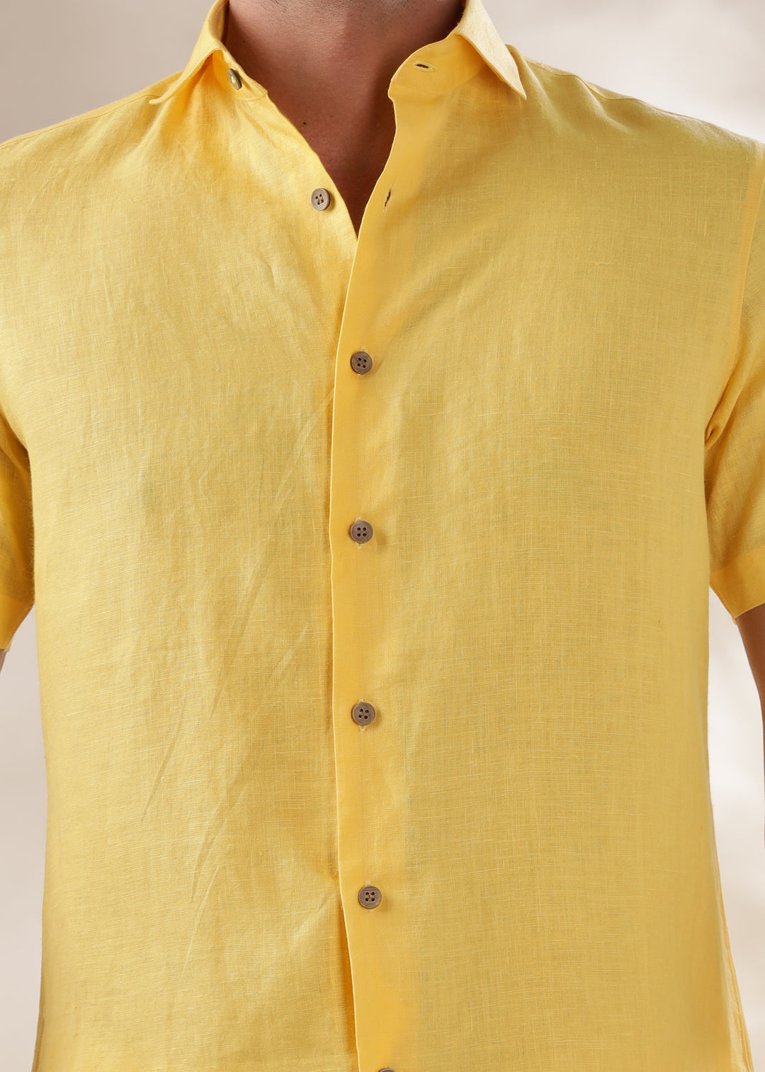 Monarc - Pure Linen Spread Collar Half Sleeve Shirt - Citrus Yellow