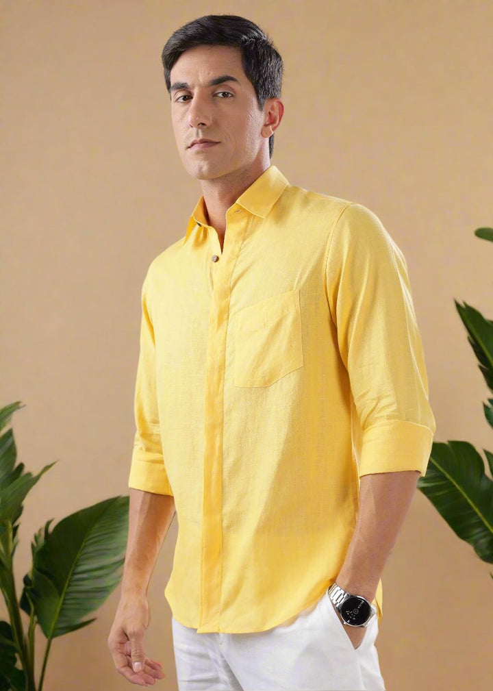 Winston - Pure Linen Button Down Full Sleeve Shirt with Concealed Placket - Citrus Yellow