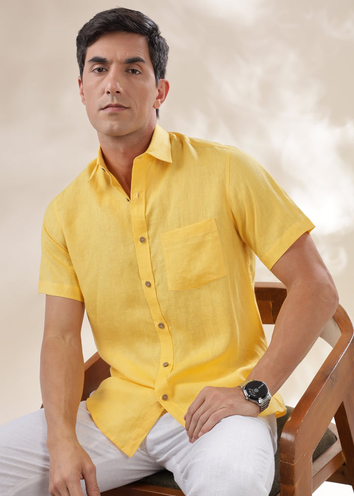 Harvey - Pure Linen Half Sleeve Shirt - Citrus Yellow