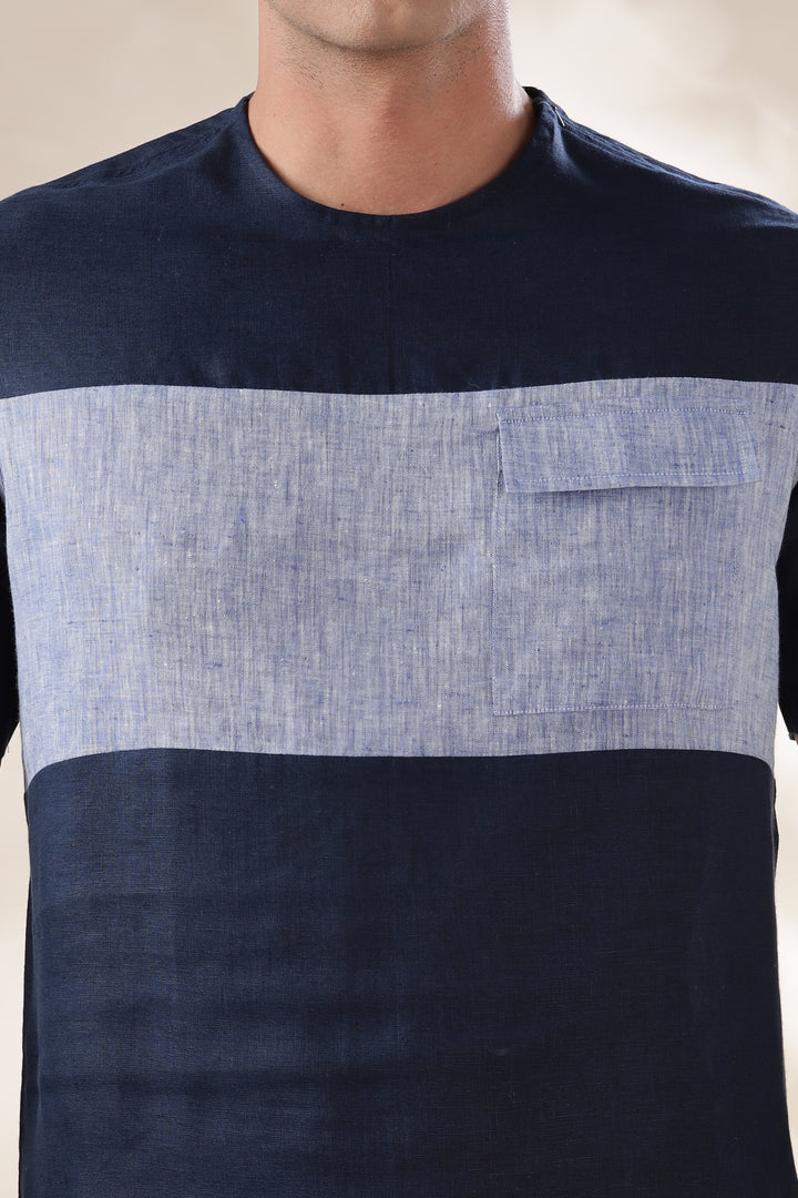 Zach - Double Colour Block Linen Short Sleeve T-Shirt - Dark Blue & Indigo Blue Chambray