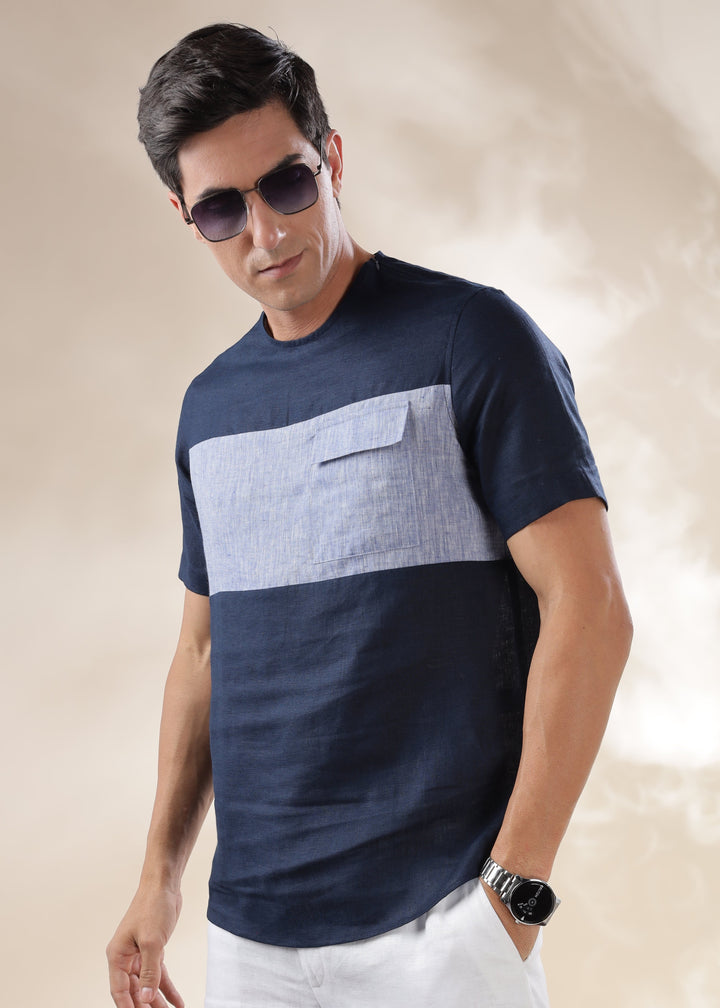 Zach - Double Colour Block Linen Short Sleeve T-Shirt - Dark Blue & Indigo Blue Chambray