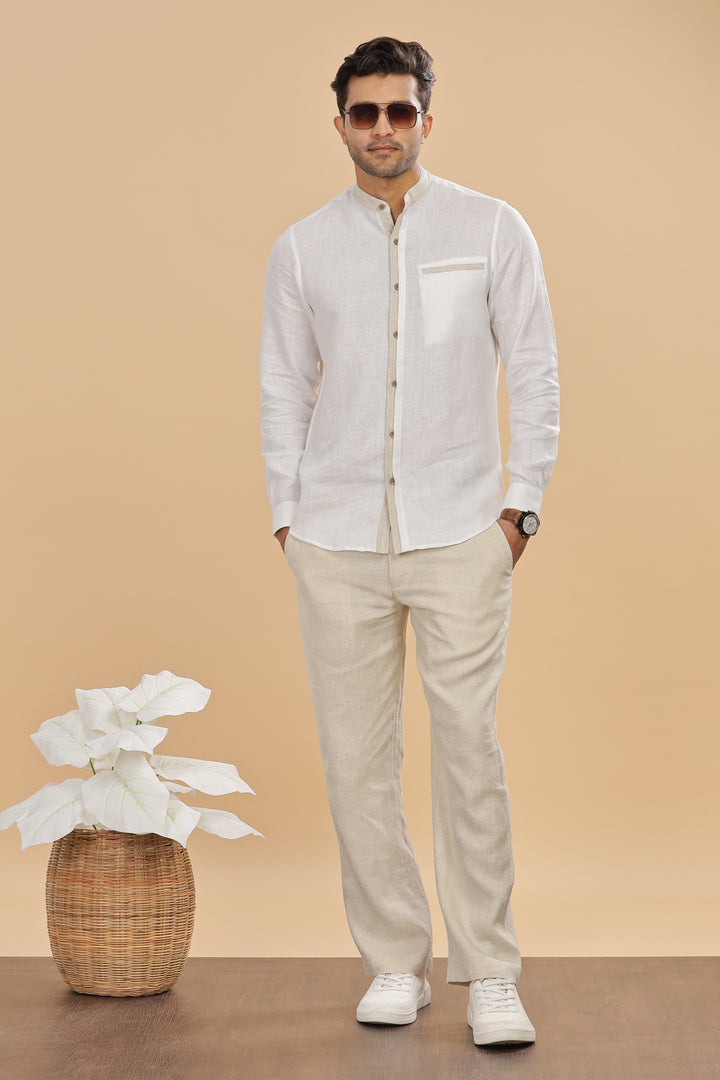 Dylan - Pure Linen Mandarin Collar Stylized Full Sleeve Shirt - White & Ecru