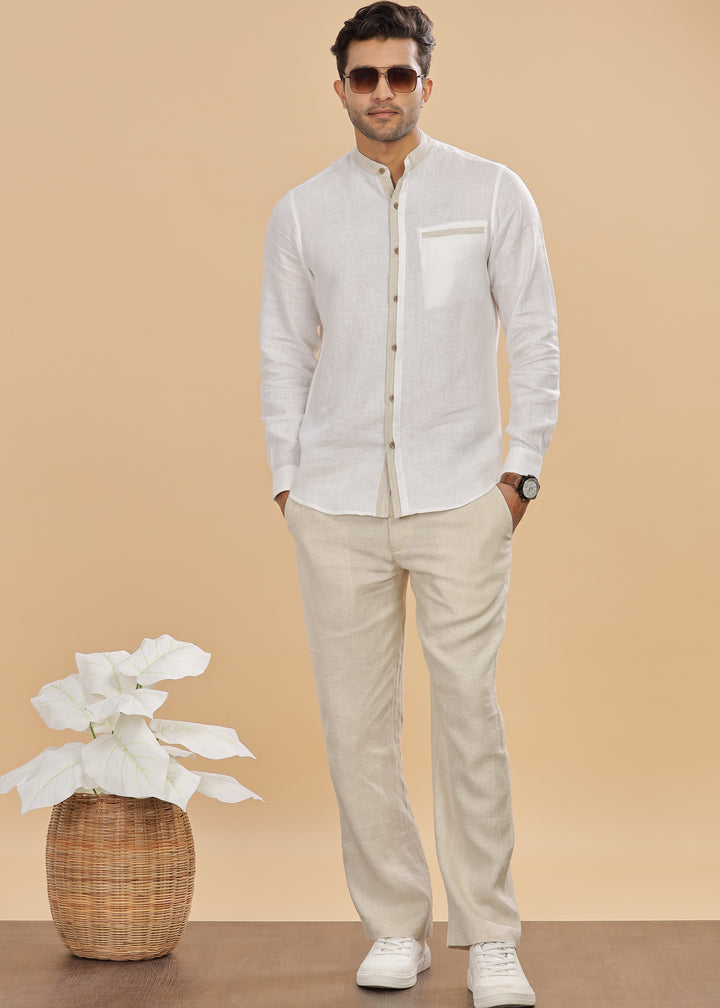 Dylan - Pure Linen Mandarin Collar Stylized Full Sleeve Shirt - White & Ecru