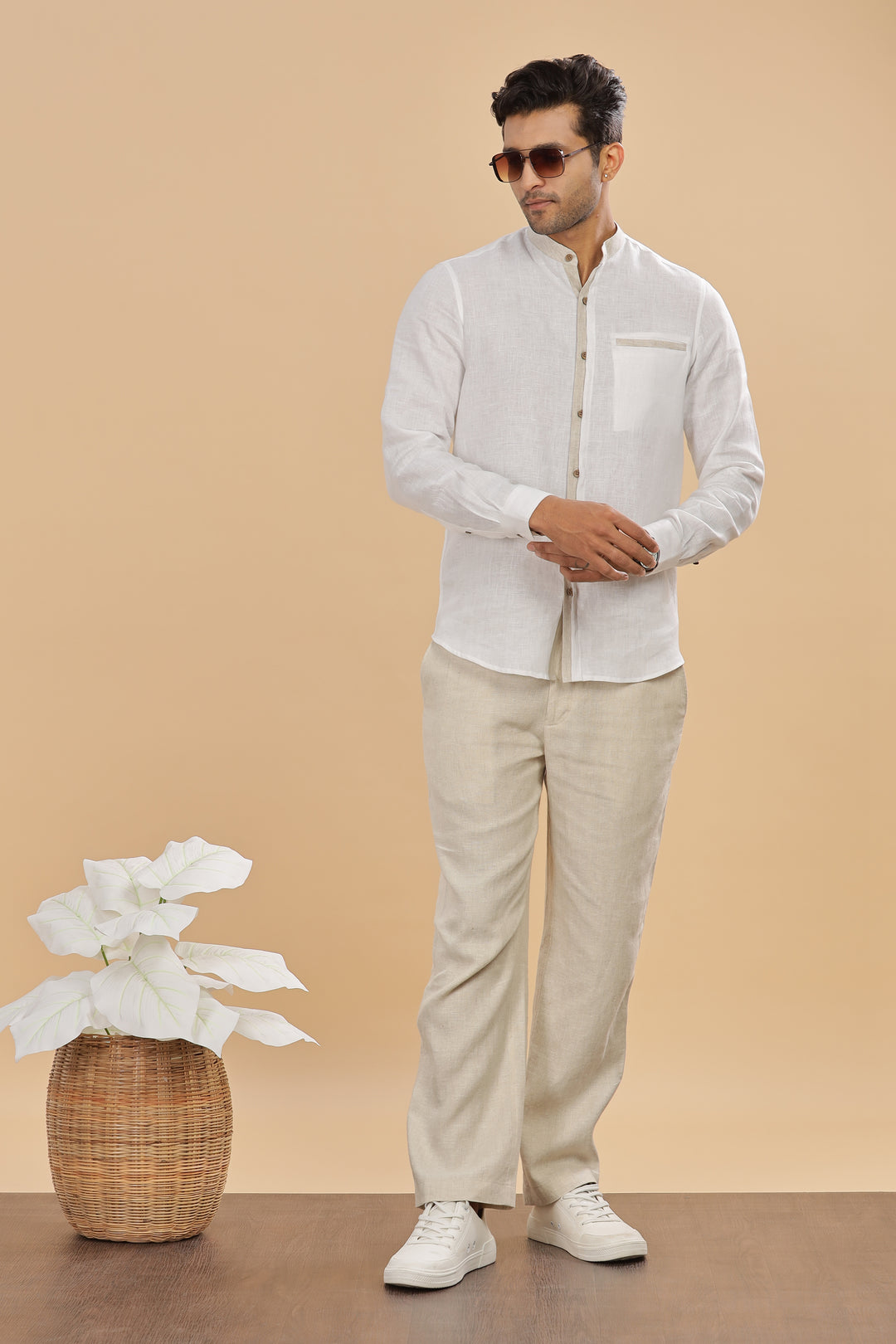 Dylan - Pure Linen Mandarin Collar Stylized Full Sleeve Shirt - White & Ecru