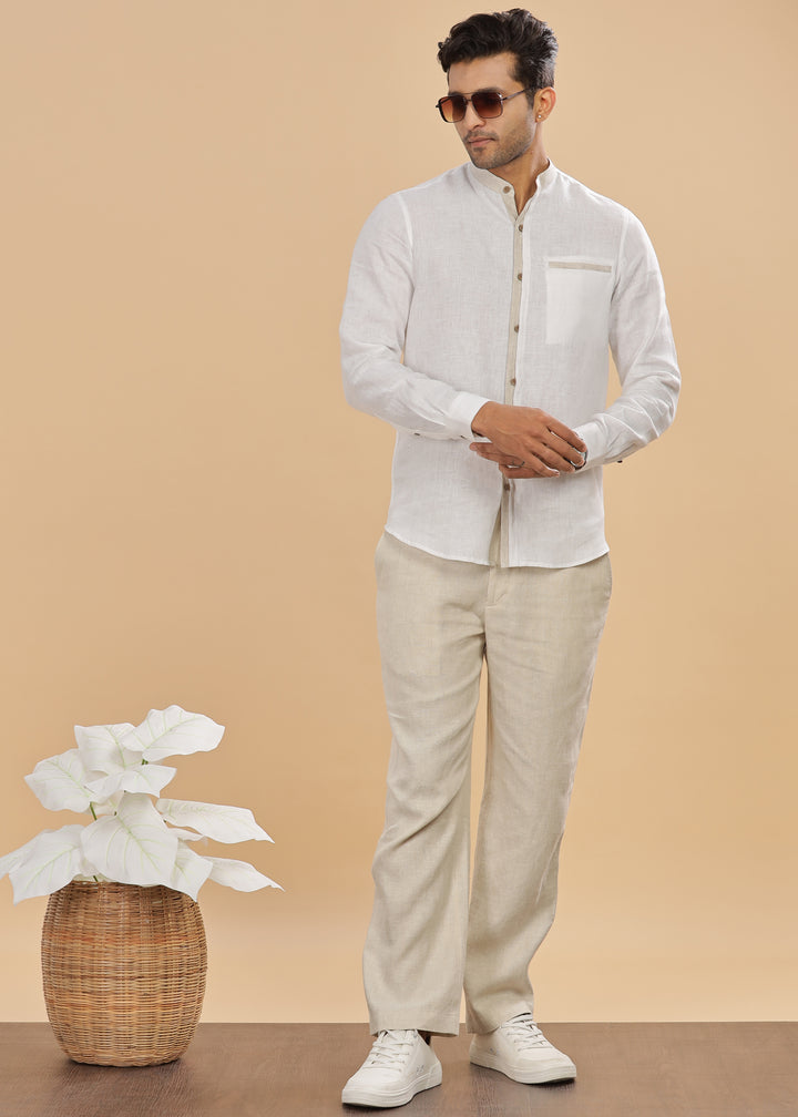 Dylan - Pure Linen Mandarin Collar Stylized Full Sleeve Shirt - White & Ecru