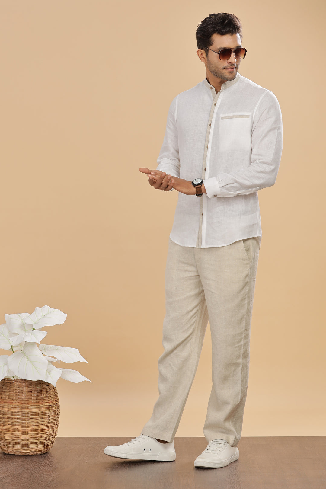 Dylan - Pure Linen Mandarin Collar Stylized Full Sleeve Shirt - White & Ecru