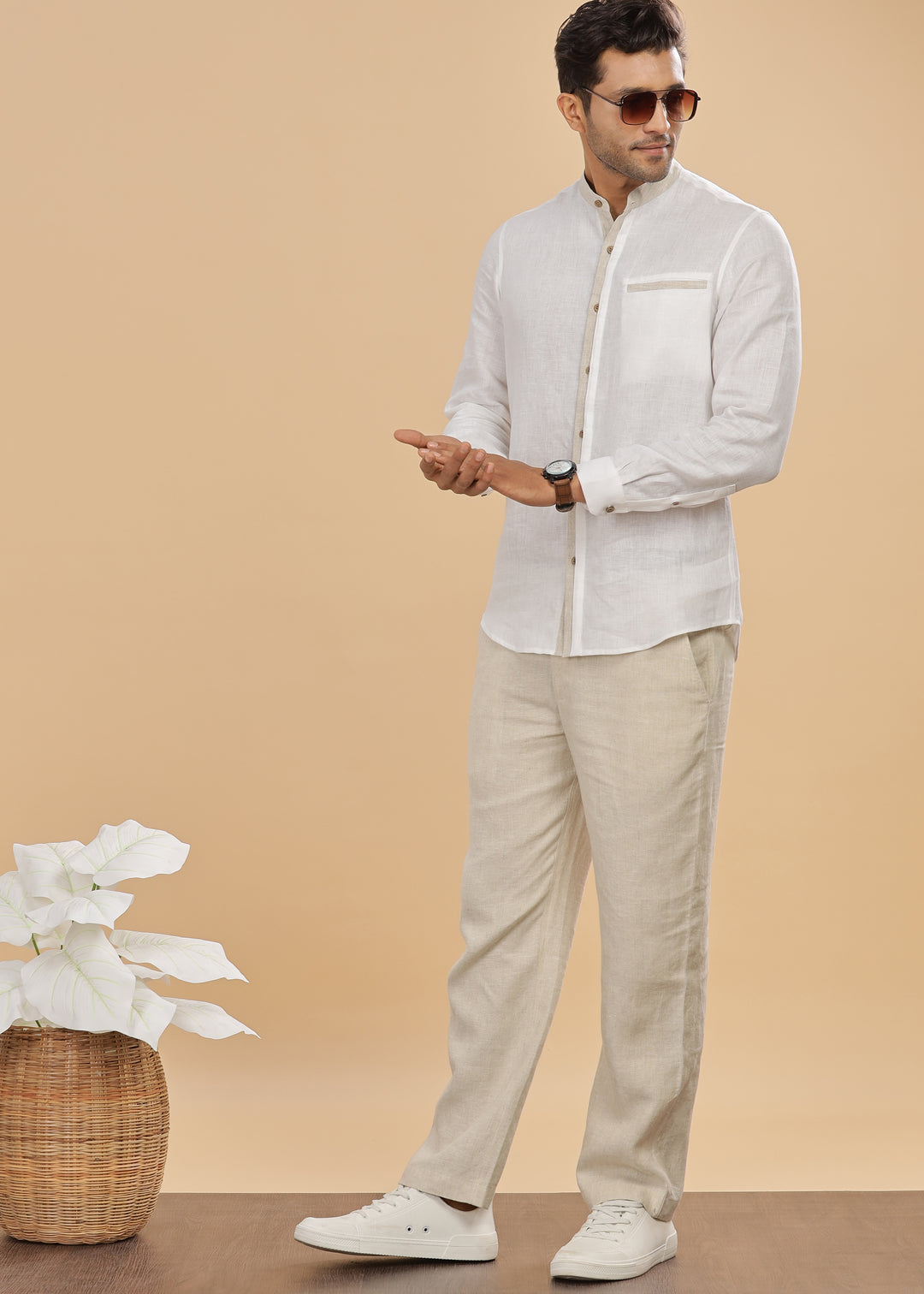 Dylan - Pure Linen Mandarin Collar Stylized Full Sleeve Shirt - White & Ecru