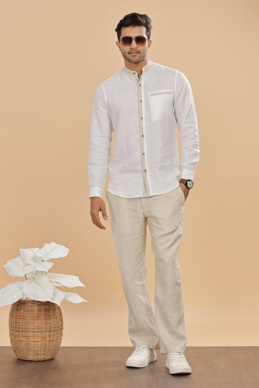 Dylan - Pure Linen Mandarin Collar Stylized Full Sleeve Shirt - White & Ecru