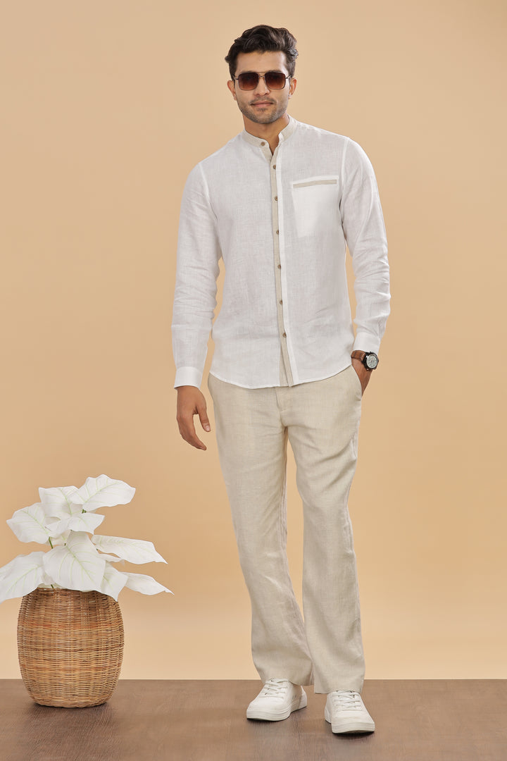 Dylan - Pure Linen Mandarin Collar Stylized Full Sleeve Shirt - White & Ecru