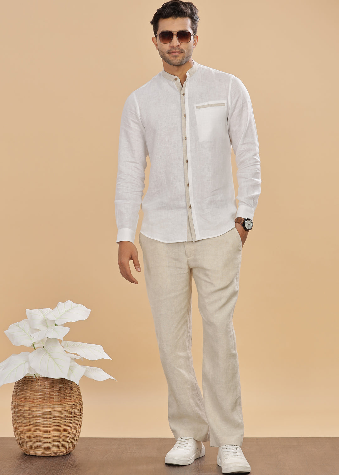 Dylan - Pure Linen Mandarin Collar Stylized Full Sleeve Shirt - White & Ecru