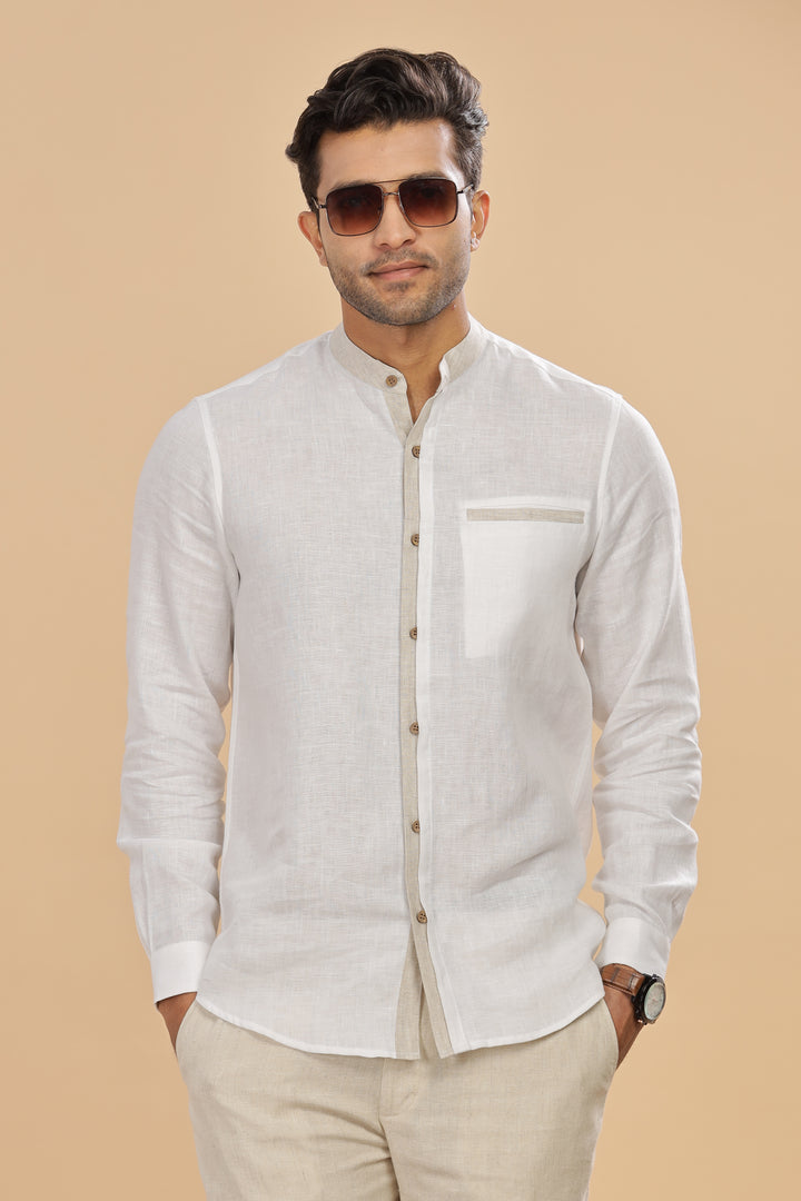 Dylan - Pure Linen Mandarin Collar Stylized Full Sleeve Shirt - White & Ecru