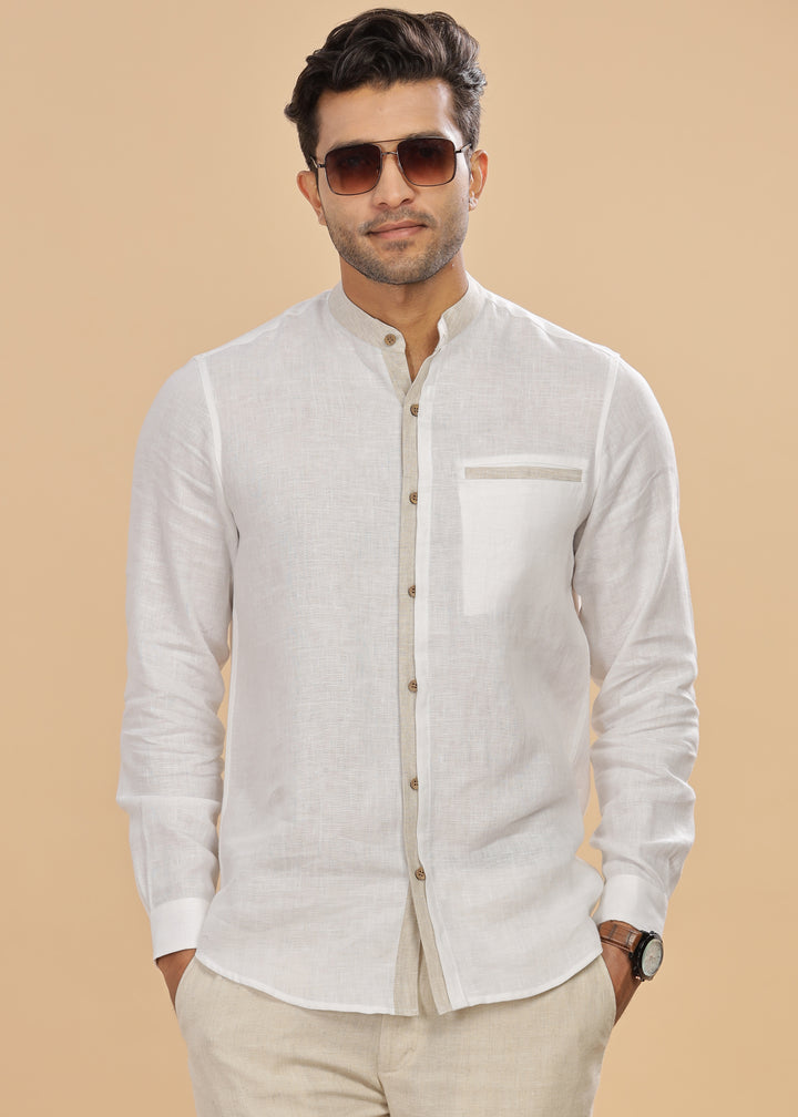 Dylan - Pure Linen Mandarin Collar Stylized Full Sleeve Shirt - White & Ecru