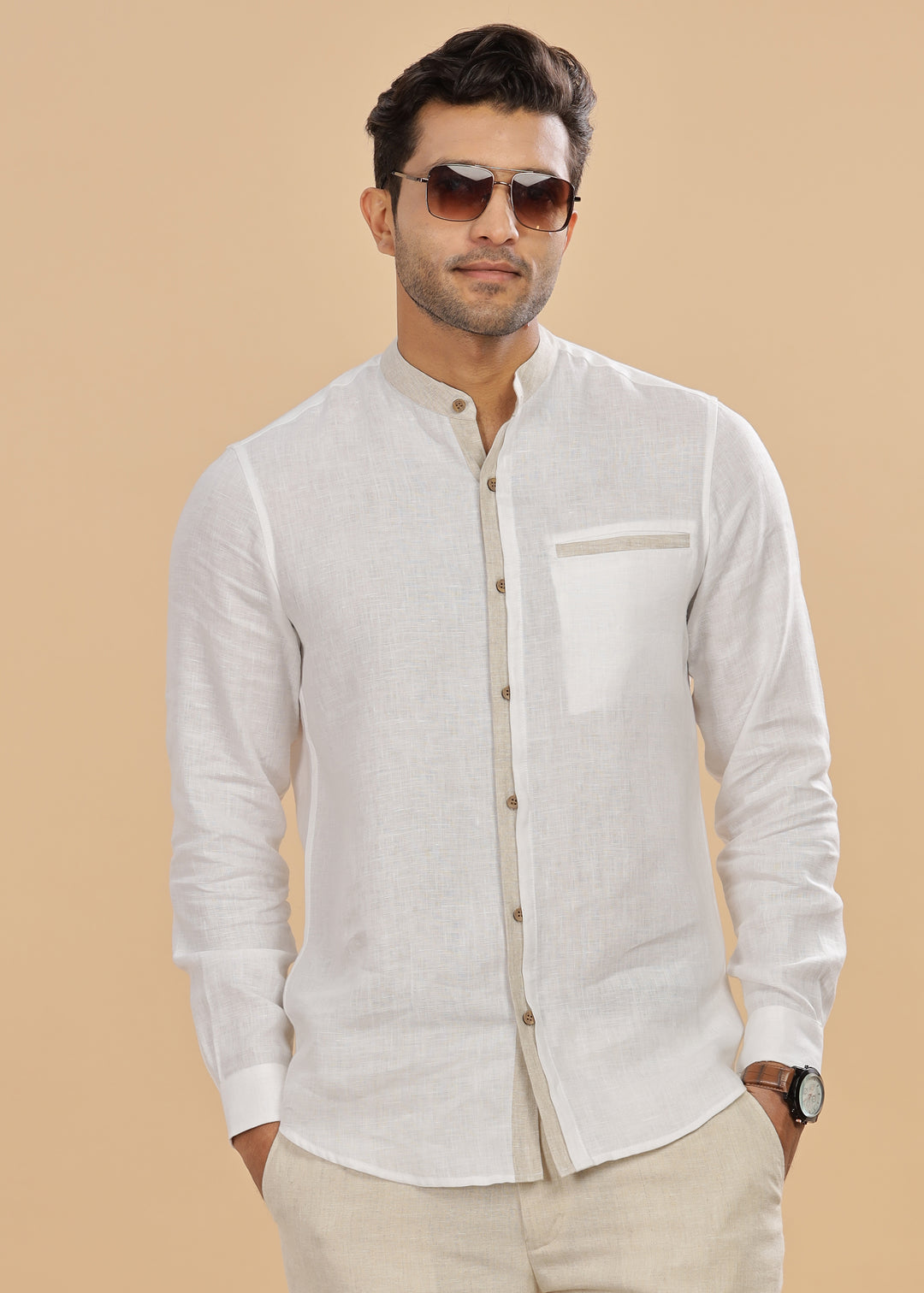 Dylan - Pure Linen Mandarin Collar Stylized Full Sleeve Shirt - White & Ecru