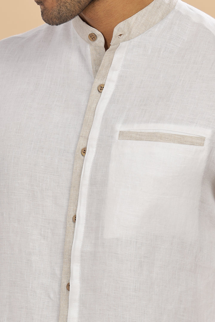 Dylan - Pure Linen Mandarin Collar Stylized Full Sleeve Shirt - White & Ecru