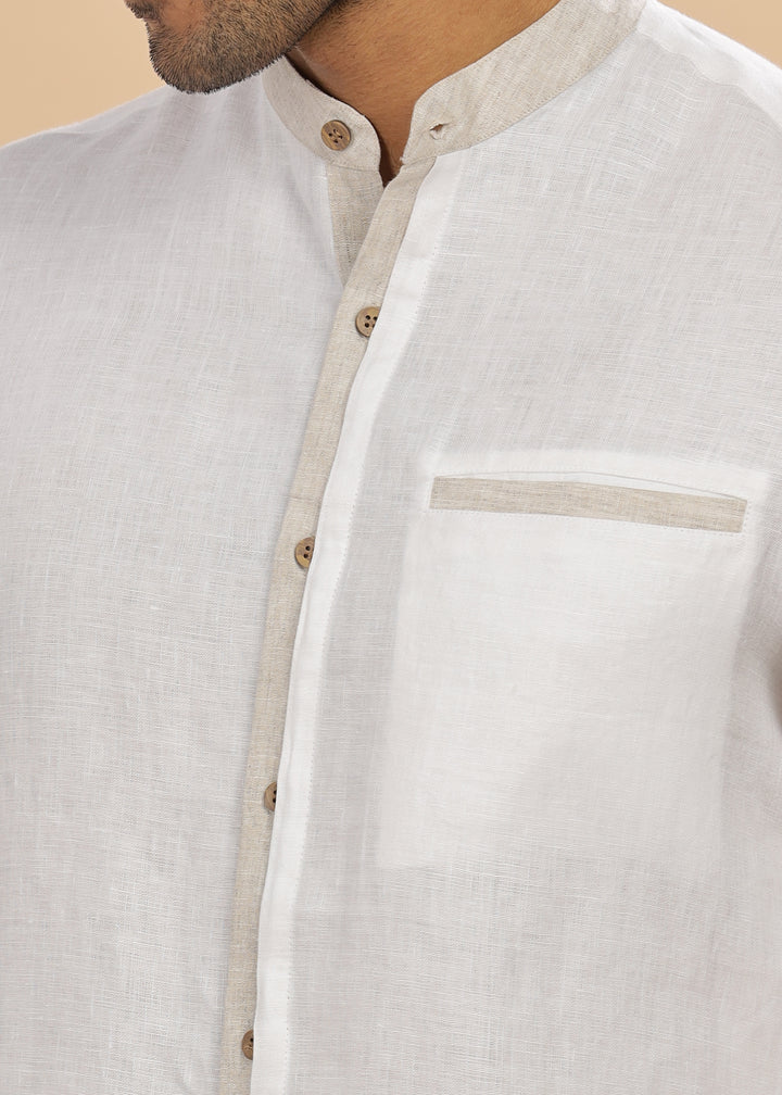 Dylan - Pure Linen Mandarin Collar Stylized Full Sleeve Shirt - White & Ecru