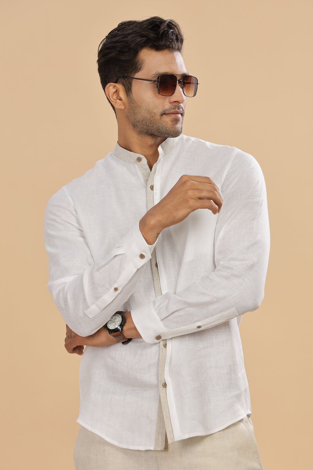 Dylan - Pure Linen Mandarin Collar Stylized Full Sleeve Shirt - White & Ecru