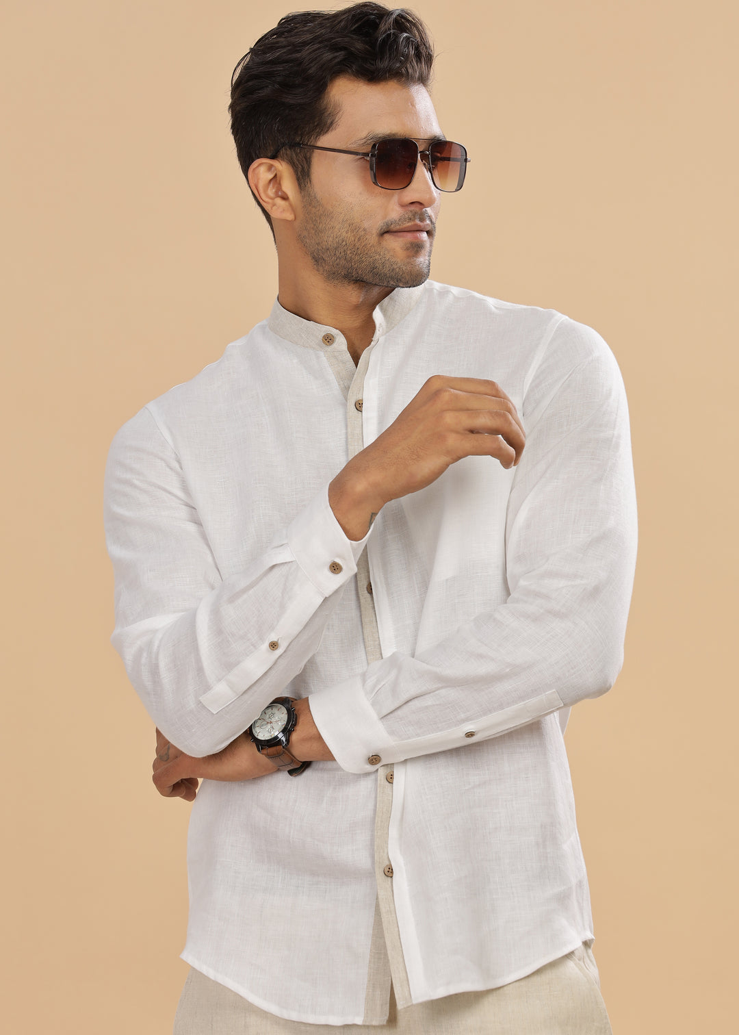 Dylan - Pure Linen Mandarin Collar Stylized Full Sleeve Shirt - White & Ecru