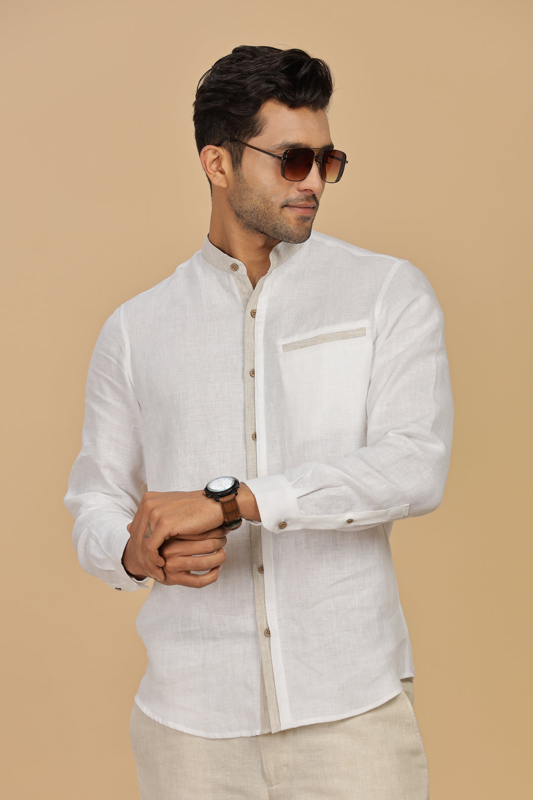 Dylan - Pure Linen Mandarin Collar Stylized Full Sleeve Shirt - White & Ecru