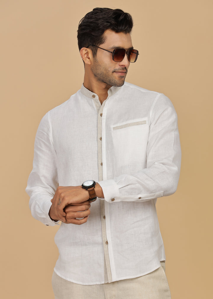 Dylan - Pure Linen Mandarin Collar Stylized Full Sleeve Shirt - White & Ecru