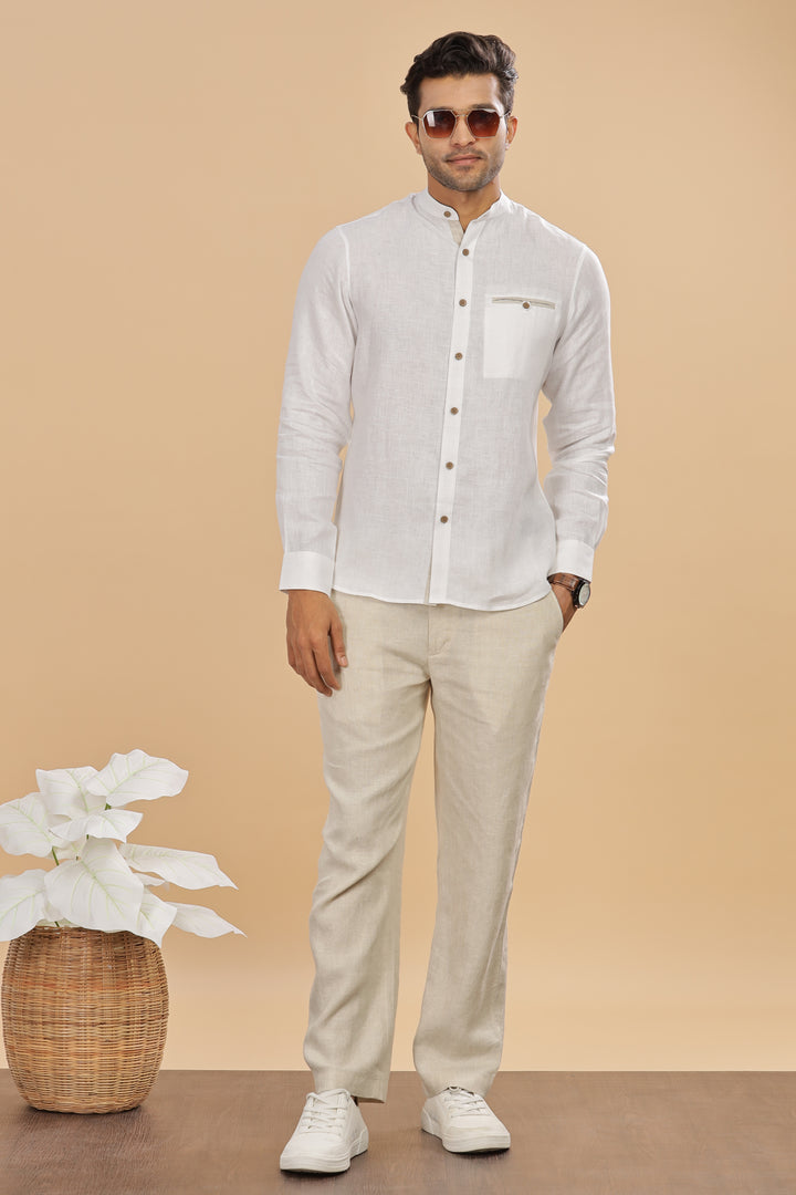 Hanks - Trim Detailed Pure Linen Full Sleeve Shirt - White