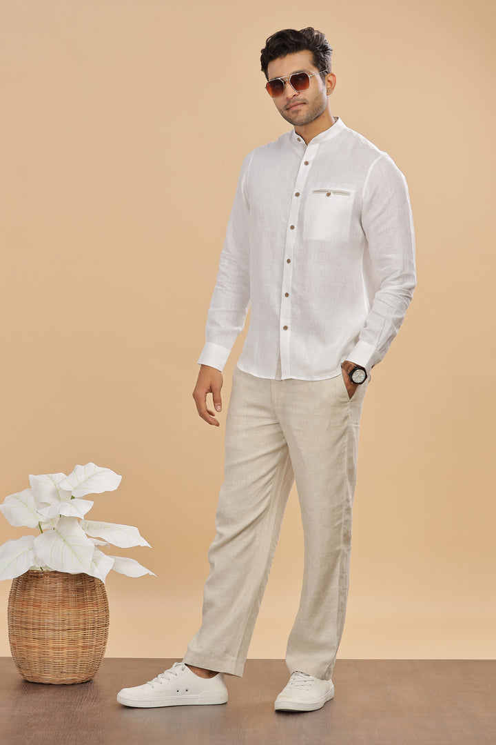 Hanks - Trim Detailed Pure Linen Full Sleeve Shirt - White