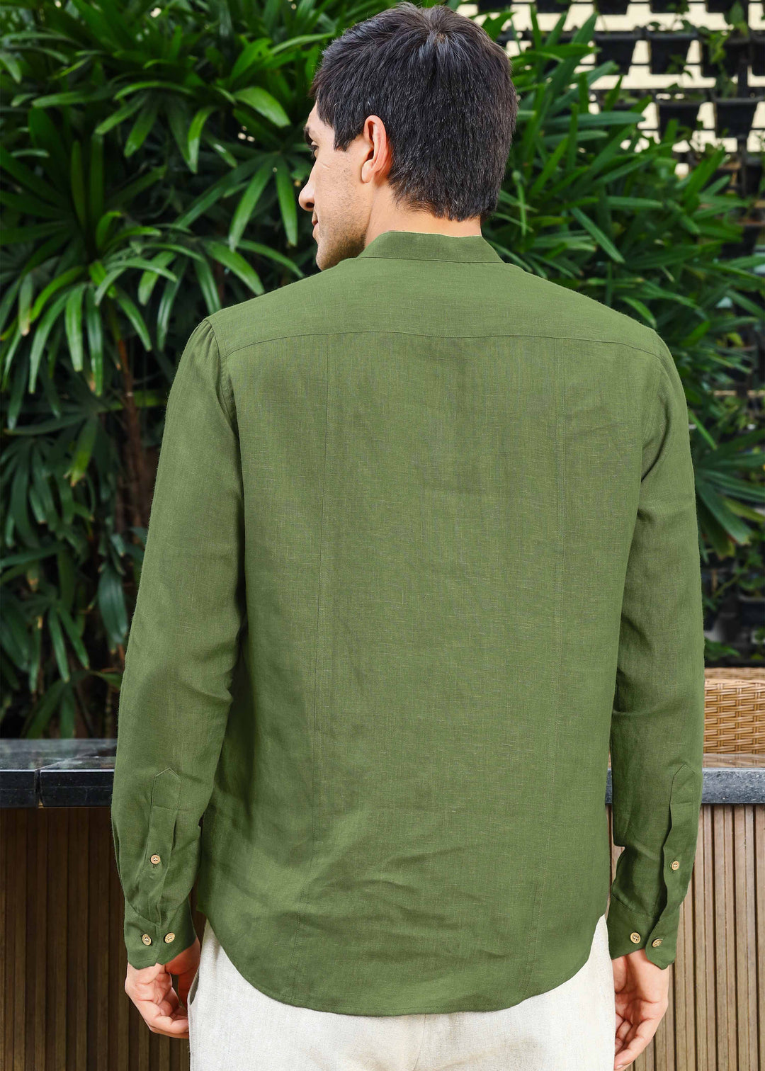 Trevor - Half Placket Pure Linen Full Sleeve Shirt - Cossack Green
