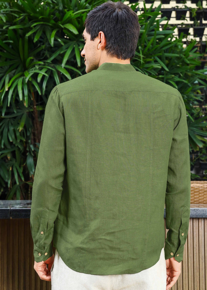 Trevor - Half Placket Pure Linen Full Sleeve Shirt - Cossack Green