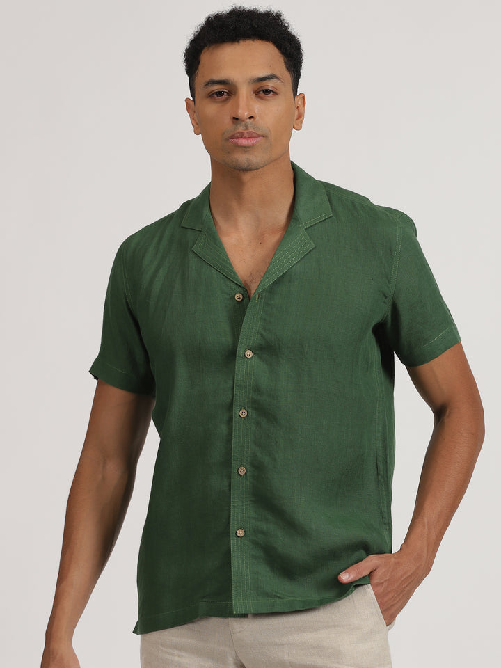 Cuban Forest Look | Earl Dark Green Linen Shirt & Pure White Trousers