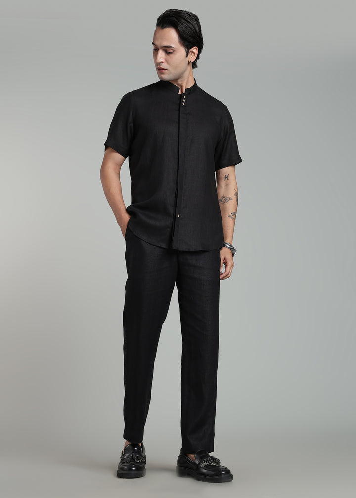 Mavro - Pure Linen Half Sleeve Shirt with Button Detail – Black