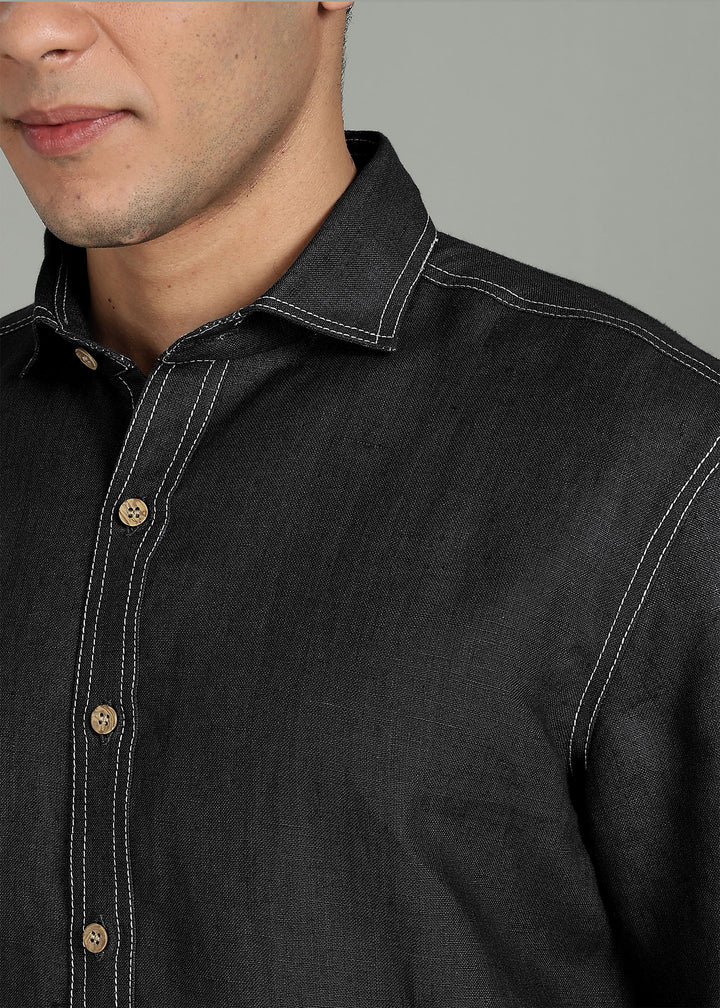Holt - Pure Linen 25 Lea Shirt with Contrast Stitch Details - Black